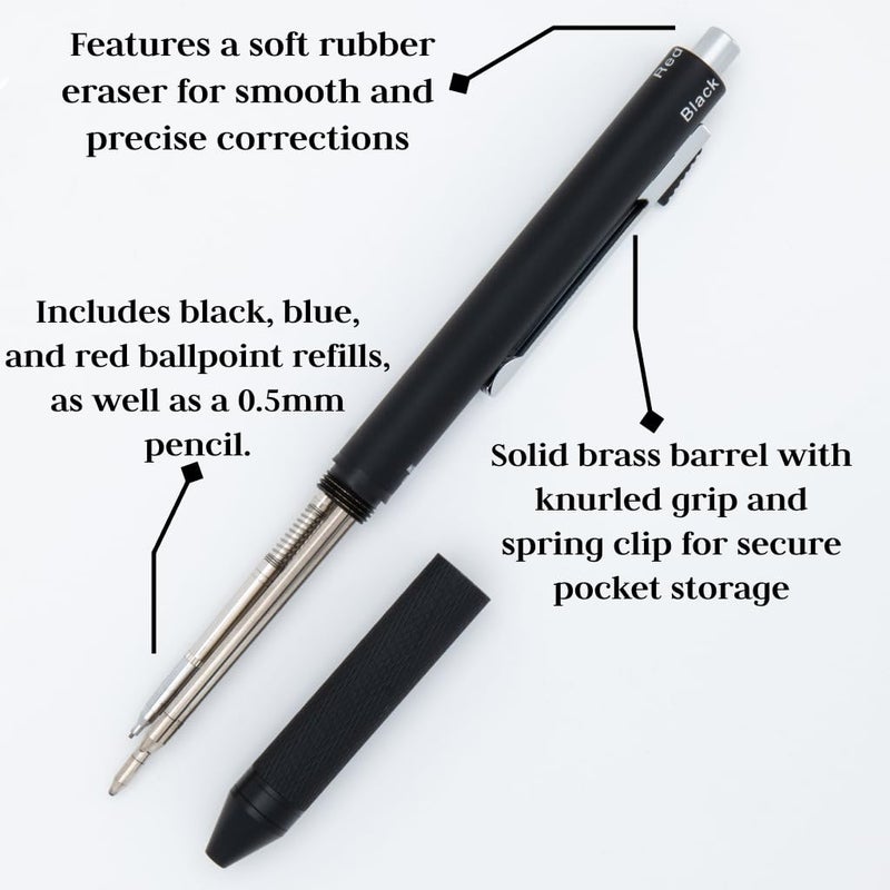 Monteverde USA Quadro 4-in-1 Multifunction Pen - Black Finish - Three Ballpoint Colors & Mechanical Pencil - Durable Brass Barrel with Knurled Grip - Portable & Refillable - Image 4